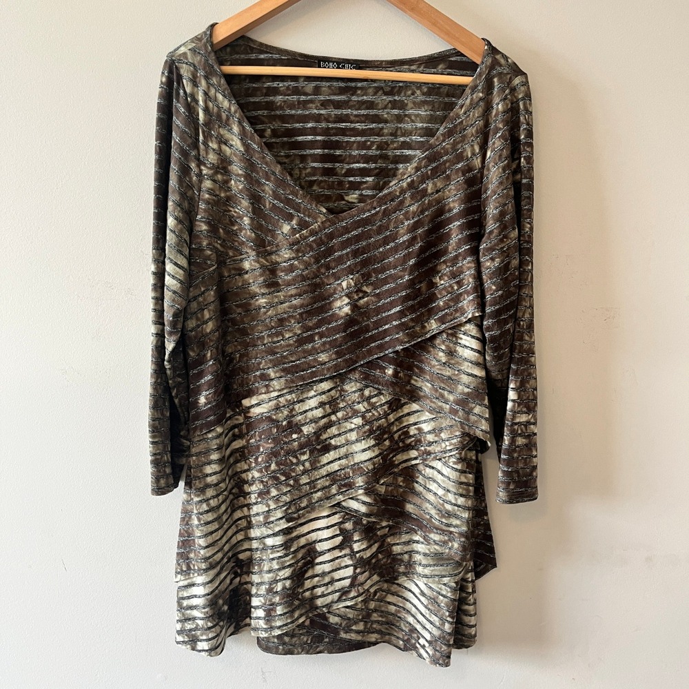 Boho Chic Tiered Crossover Tunic Top Earthy Tie Dye Brown XL Layered Draped